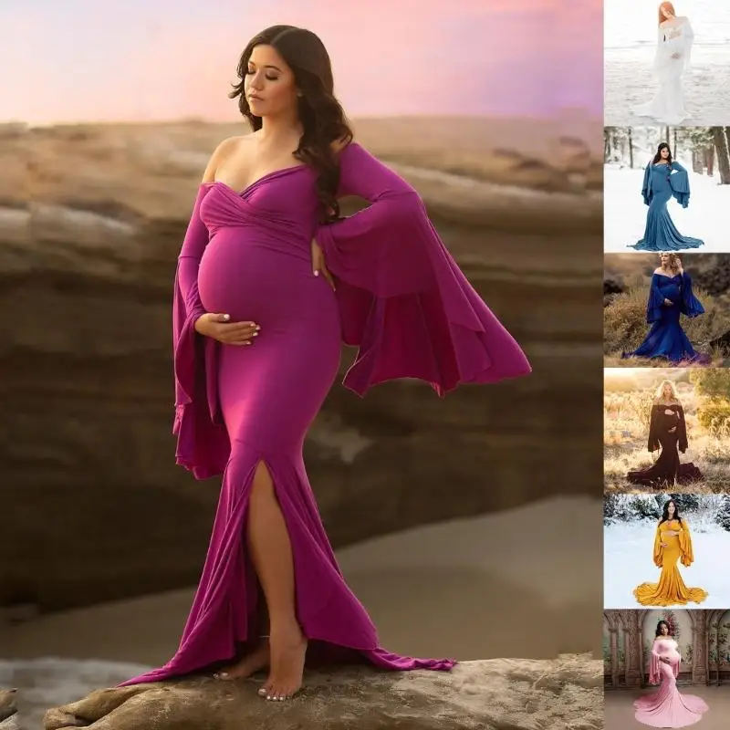 XXFE Elegant Maternity Evening Dress Bodycon Dress with Train Ruffle Sleeves And Trailing Design For Formal Event