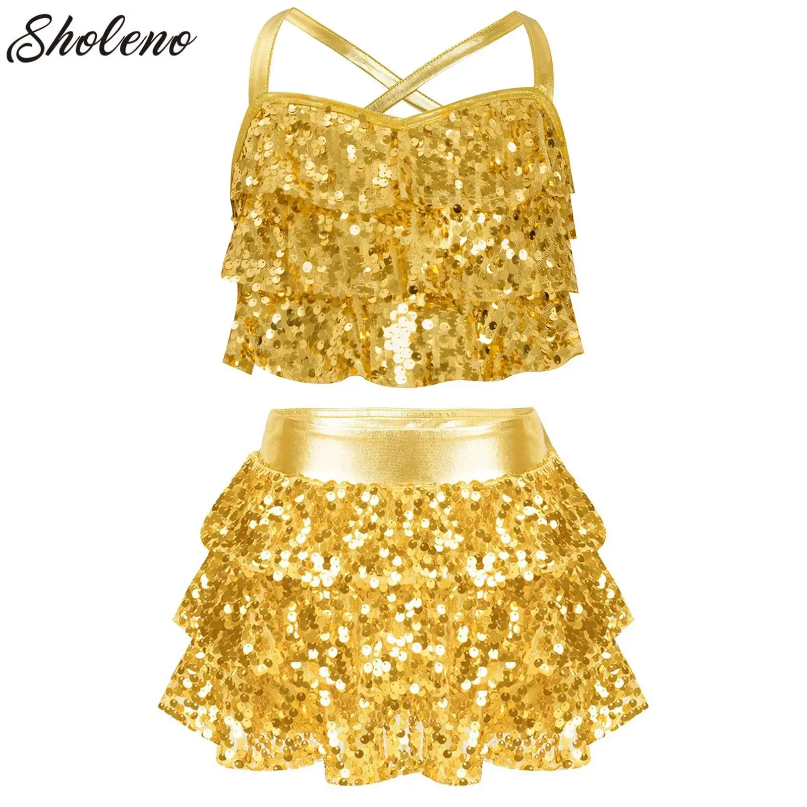 

Kids Girls Sequins Dance Outfits Set Metallic Crop Top with Culotte Skirts 2 PCS Jazz Latin Ballet Ballroom Performance Costume