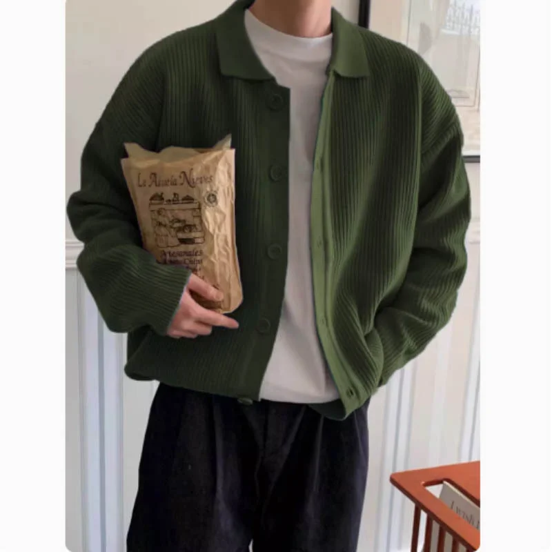 

New Autumn and Winter Lapel Knitted Cardigan Jacket for Men Loose Lazy Style Sweater Korean Fashion Casual Top