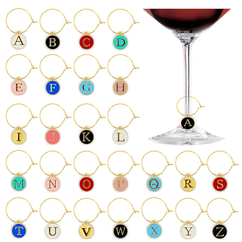 26pc Letter Charm Wine Glass Rings English Alphabet Wine Cup Tags Decorations Fit For Wedding Party Jewelrys