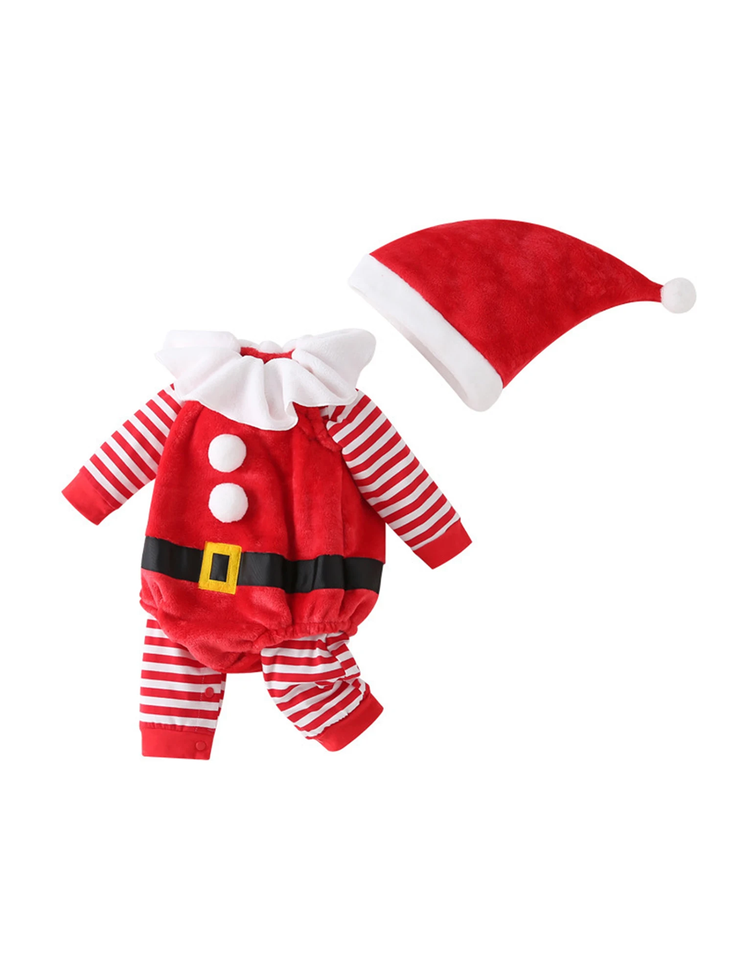 Infant Christmas Costume Set Festive Striped Romper with Plush Jumpsuit and Santa Hat for Baby Toddler Dress Up