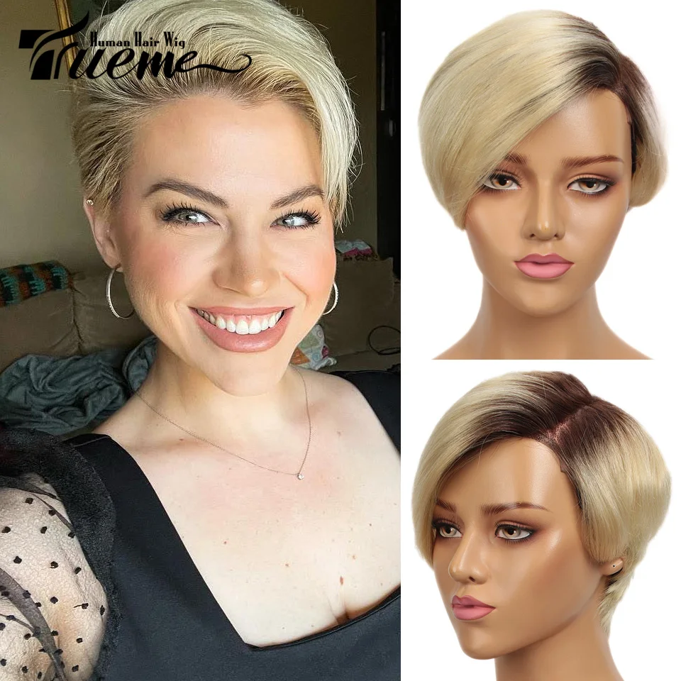 Trueme krótki Bob fryzura Pixie peruki typu Lace z ludzkich włosów peruka z włosy ludzkie w kolorze blond Ombre dla kobiet w kolorze brazylijskiej i koronkowej peruki