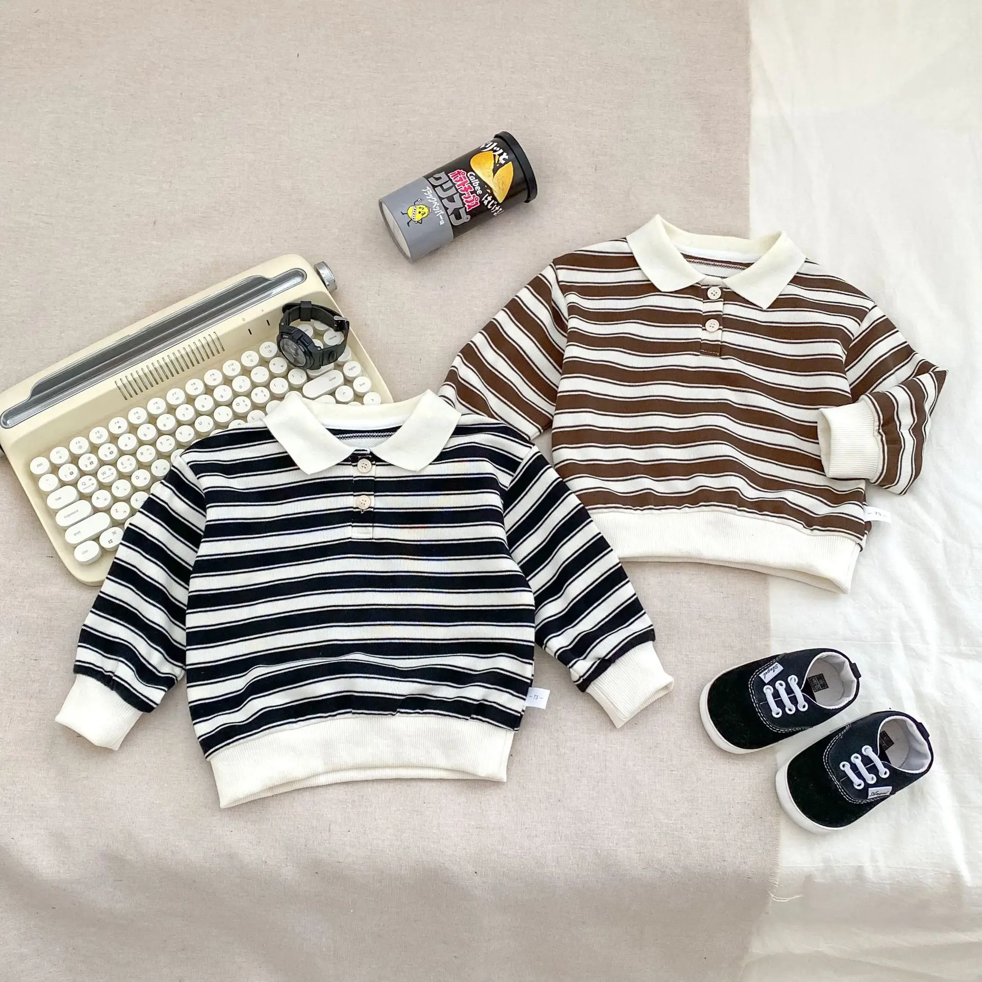 

2025 Autumn New Children Long Sleeve Striped Sweatshirt Boys Girls Knit Pullover Cotton Baby Lapel Sweatshirt Children Clothes