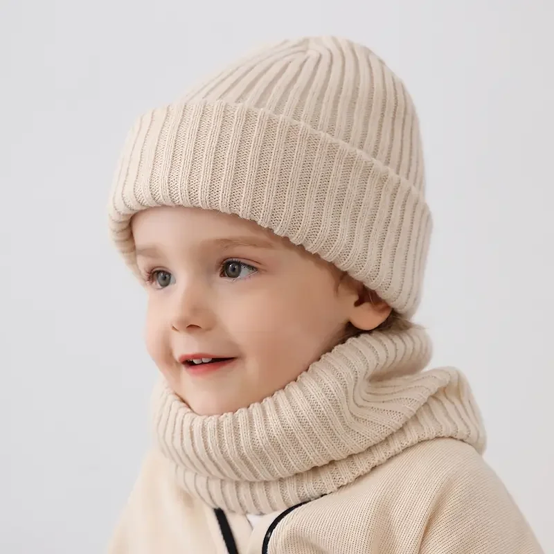 Girls Cute Knitted Color Block Hat Scarf Set, Soft Thermal Comfortable Striped Hat For Winter