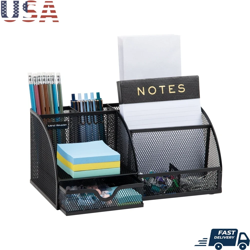 

Metal Desktop Organizer with 7 Compartments File Storage Accessory Holder Workspace Office Desk Clutter Reduction Productivity