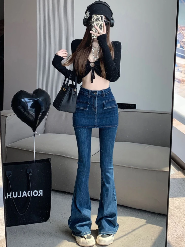 카우보이 플레어 팬츠 여성용 가을 겨울 디자인 감각적인 페이크 투피스 탄력 있는 타이트한 바닥까지 닿는 마이크로 플레어 팬츠