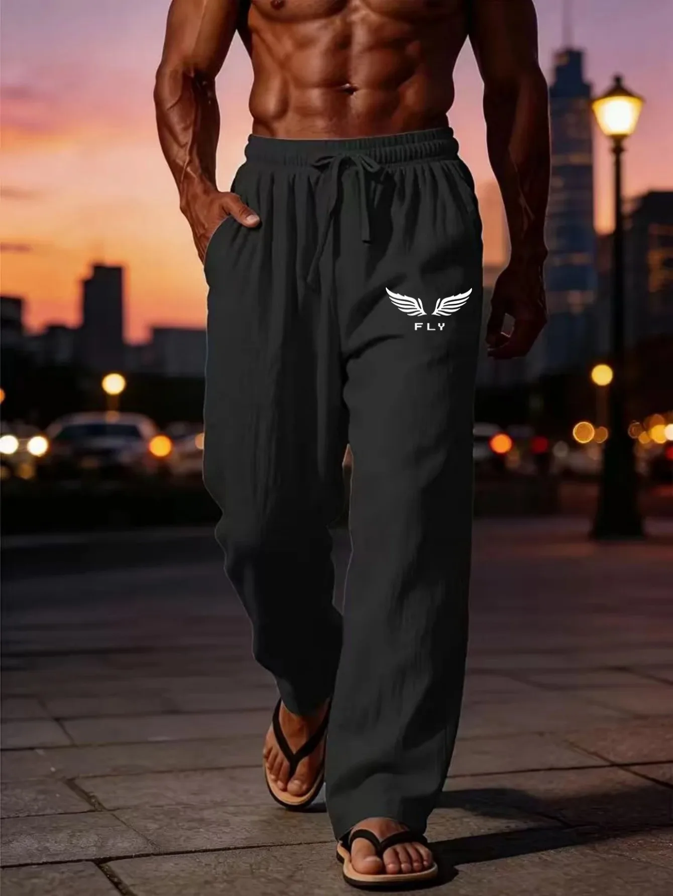 Pantalon de sport dcontract pour hommes - Coupe droite avec cordon de serrage lastique  la taille, pantalon de loisirs  la