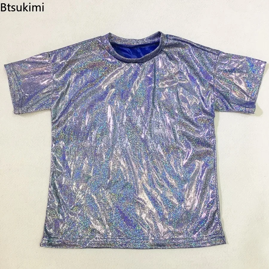 Kids Metallic Shiny T-Shirt Boys Girls Jazz Hip Hop Modern Dance Tops Short Sleeves Loose Tee for Festival Party Disco Costume