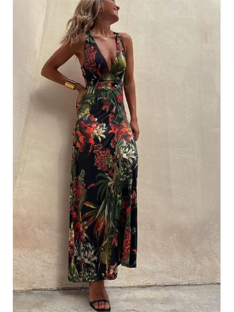 Sexy party lange jurken voor vrouwen bedrukte diepe v-hals backless mouwloze bodycon jurk zomer nieuwe bohemien strandstijl vestidos