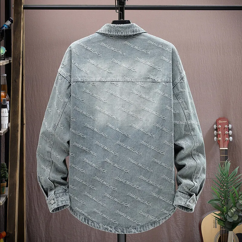 Men's fashion Denim Shirts 2026 spring new style  long Sleeve Casual Shirt male,Mens high quality letter pattern Shirt Men