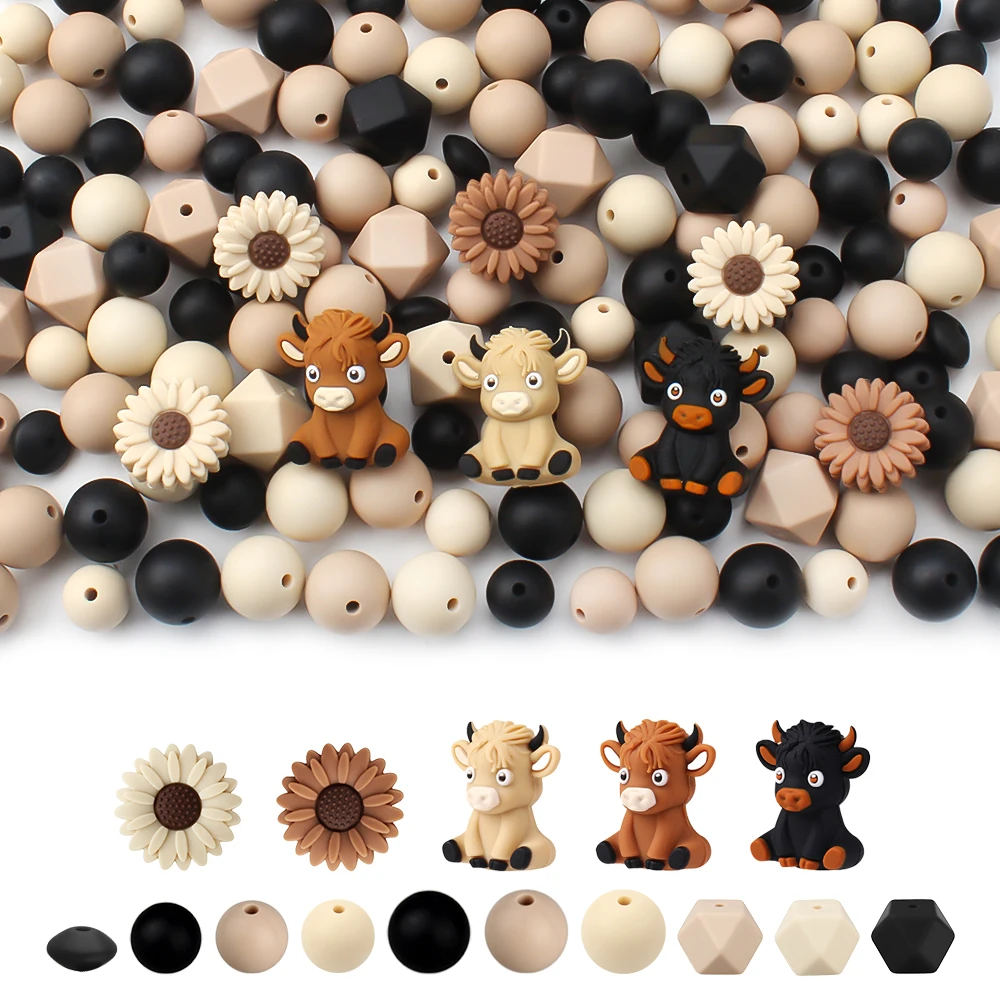 56Pcs/Lot Animal Silicone Beads Kyloe Theme Beads Set For Jewelry Making DIY Bracelet Keychain Jewellery Accessories Gifts