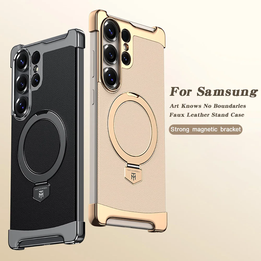 

Luxury Leather Ultra Thin Frameless Magnetic Case For Samsung Galaxy S26 S25 S24 Ultra Metal Bracket Anti-Drop Bumper