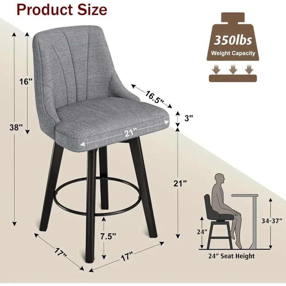 24" Upholstered Fabric Barstools Set of 4, Counter Stool Chair with Back & Solid Wood Legs for Kitchen Island Dining Room