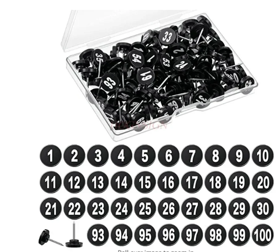 100 Stück Teling 100 Stück nummerierte Push-Pin-Reißzwecken, 100 sequentielle Pins, Reißzwecken, flache Reißzwecken, Reißzwecken für Karten