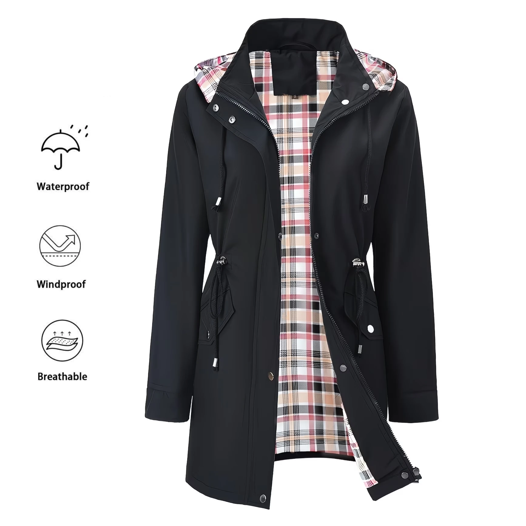 Mittellange Damen-Trenchjacke mit Kapuze und Reißverschluss, mit durchgehender Reißverschlussleiste und verstellbarer Kapuzentasche.