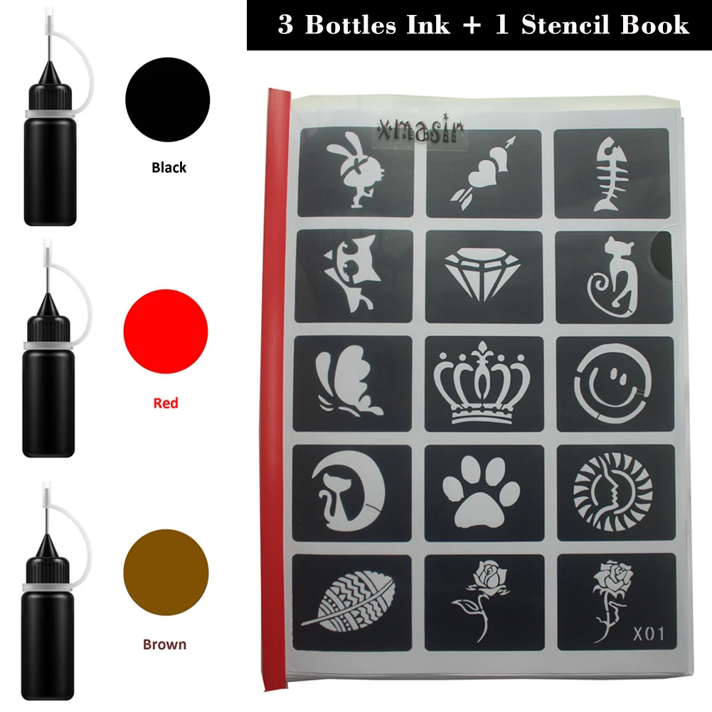 

3 Bottles 10ml Temporary Tattoo Juice Ink Natural Organic Fruit Gel with 446pcs/Lot Body Art Reusable Sticker Stencils Book