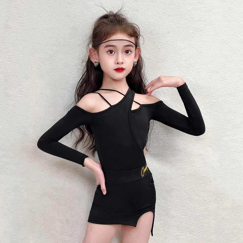 Nowe stroje do tańca latynoamerykańskiego dla dziewcząt, długi rękaw, strój treningowy, czarny kombinezon z wycięciami, spódnica do ćwiczeń, odzież do tańca latynoamerykańskiego 2362