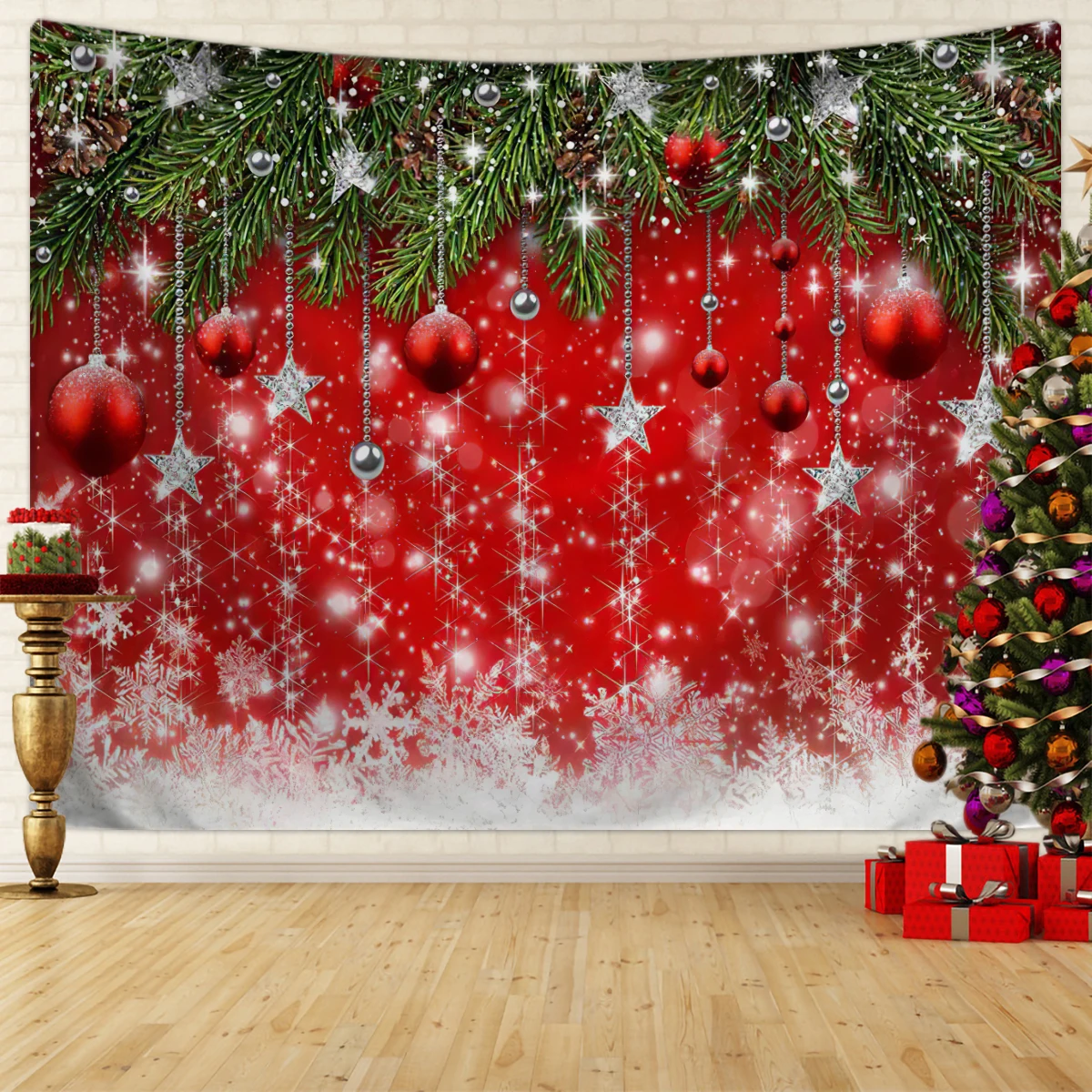 1pc Christmas Background Cloth, Christmas Ball Photography, Background Tapestry, Happy New Year, Family Party Decoration