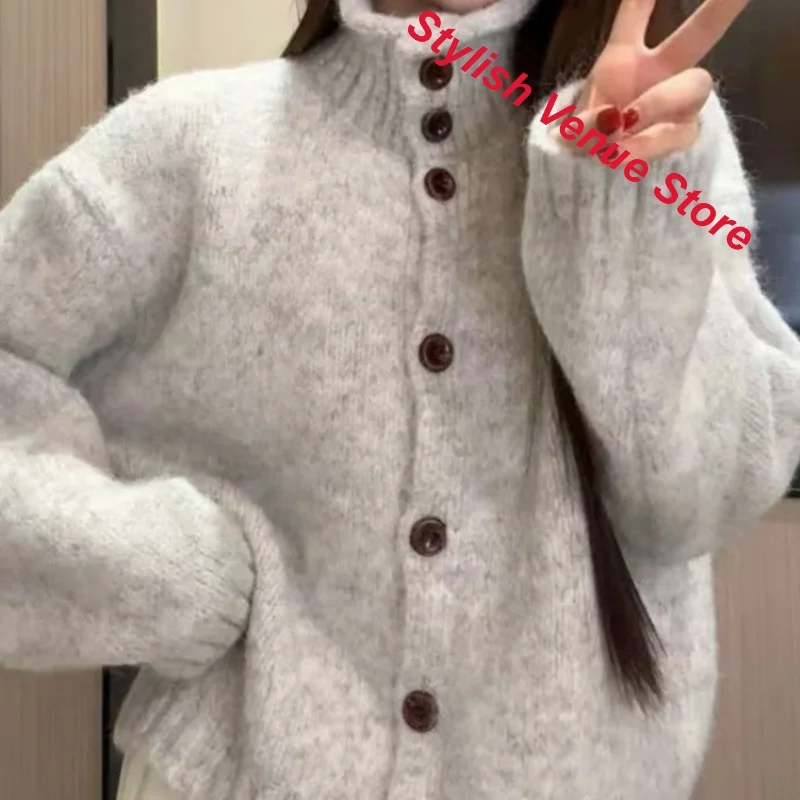Korean lazy high-grade sweater women's autumn and winter loose thick single-breasted knit cardigan high-necked soft waxy sweater