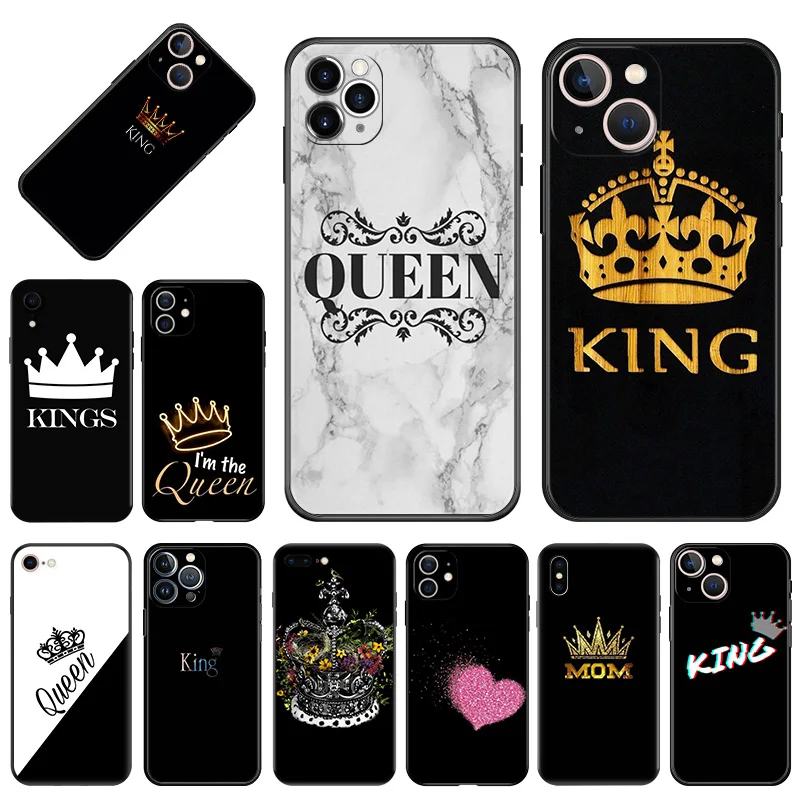 Soft Phone Cases For iPhone 15Pro 14 13 Pro Max 12 11 Mini 7 8 15 Plus SE XS XR Luxury King Queen Mom Princess Black Matte Cover