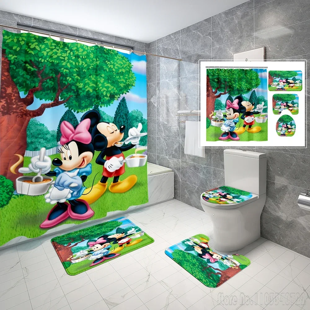 Disney Cute Mickey Minnie Mouse Love Bath Shower Curtain Set 4pcs with Hooks Cartoon Decor Bathroom Toilet Mat Lid