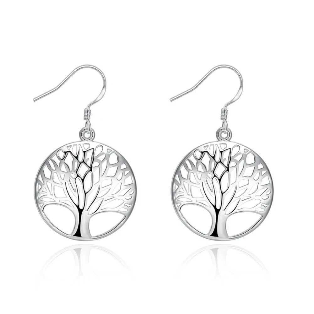 Women's 925 Sterling Silver Hollow Carved Round Tree Earrings