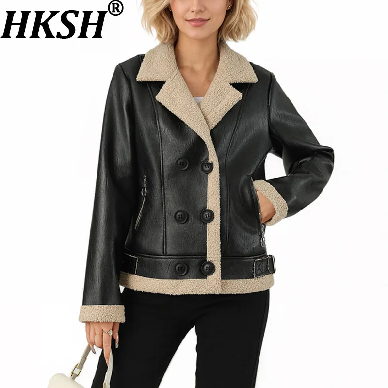 HKSH Otoño Invierno nueva chaqueta de mujer con forro polar de cuero PU grueso cuello vuelto bolsillos de doble botonadura abrigo elegante HK12956