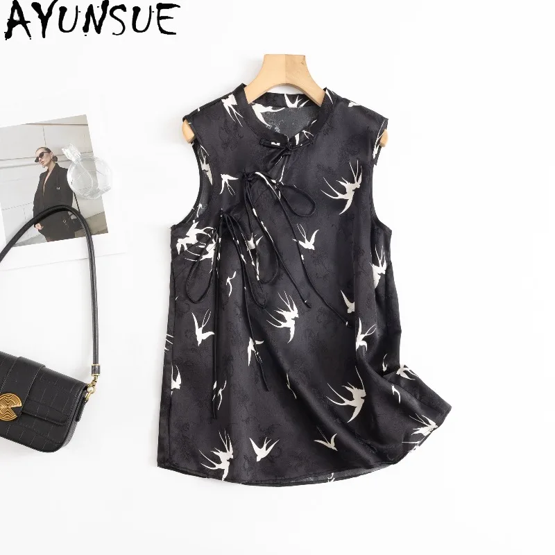 

AYUNSUE 100% Silk Women's Tanks Chinese Style Slant Lace-up Tanks Tops Stand Collar Black Top Woman Clothes Summer Топ Женский
