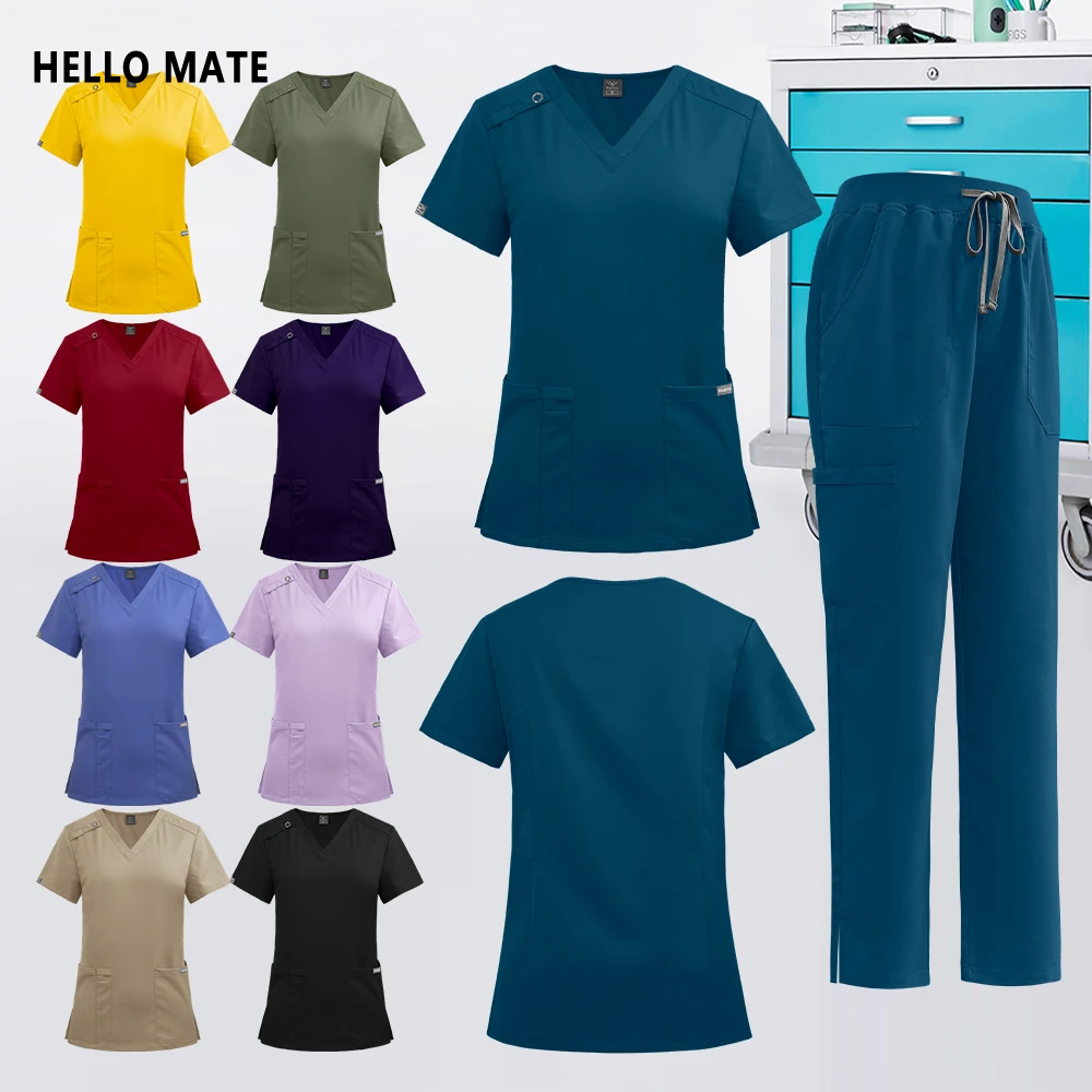 スクラブ制服女性ドクターナース服医療臨床服歯科医看護作業服高品質 V ネックトップポケットパンツ