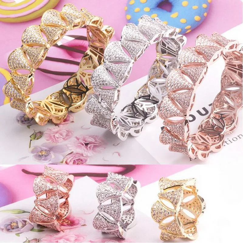 Europe America Fashion Style Ring Bracelet Women Lady Plated Gold Color Settings Full Zircon Fan-Shaped Bangle Jewelry Sets