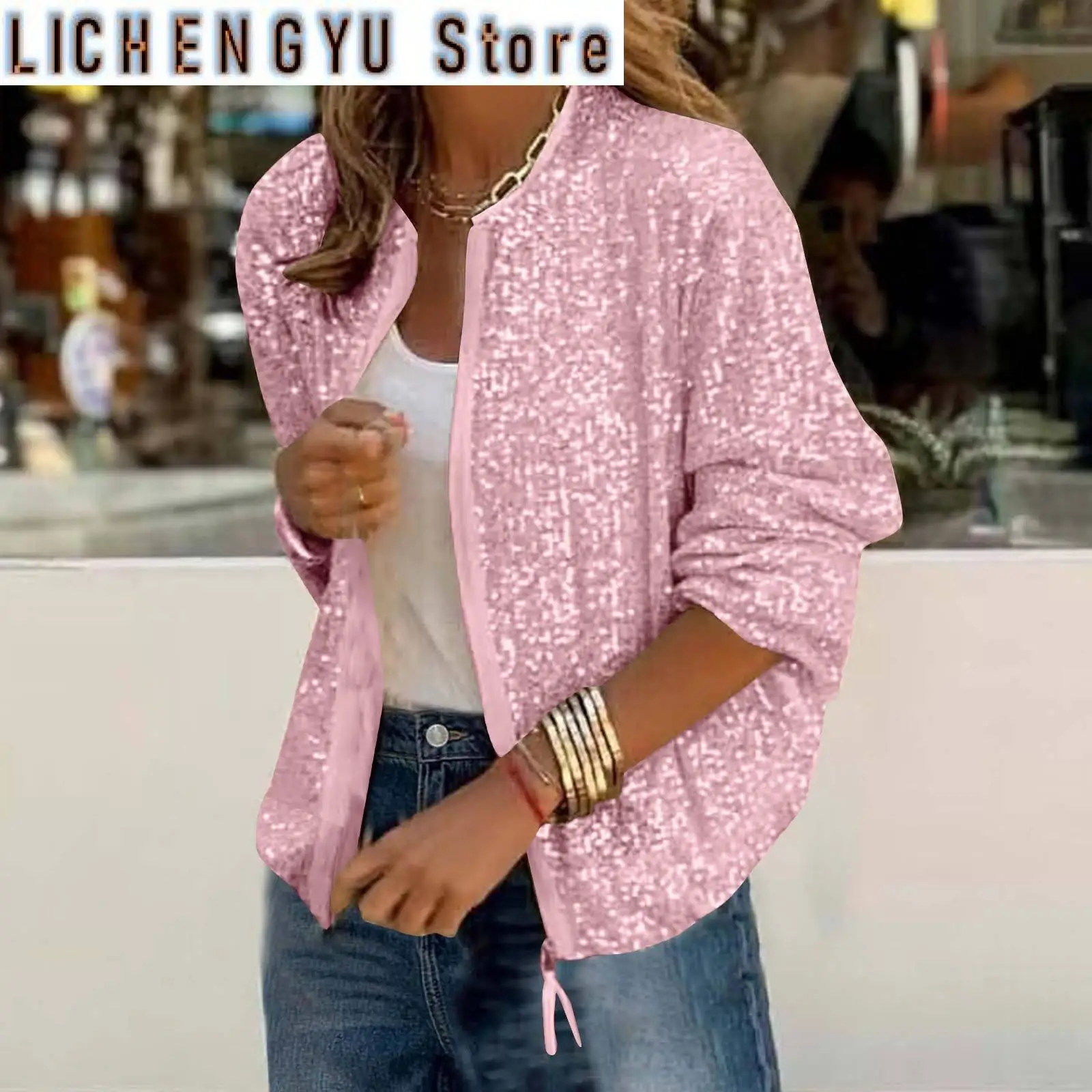 Jackets For Women Trendy Plus Size Women Autumn Spring Casual Glitter Sequins Long Sleeve Coat Commute Short Nuevo En Chaquetas