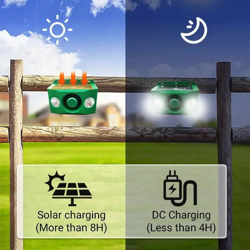 Repelente solar de animais, luz sonora, dissuasor de movimento ao ar livre com luzes estroboscópicas de latidos de cães para cães de veados boa selvagem