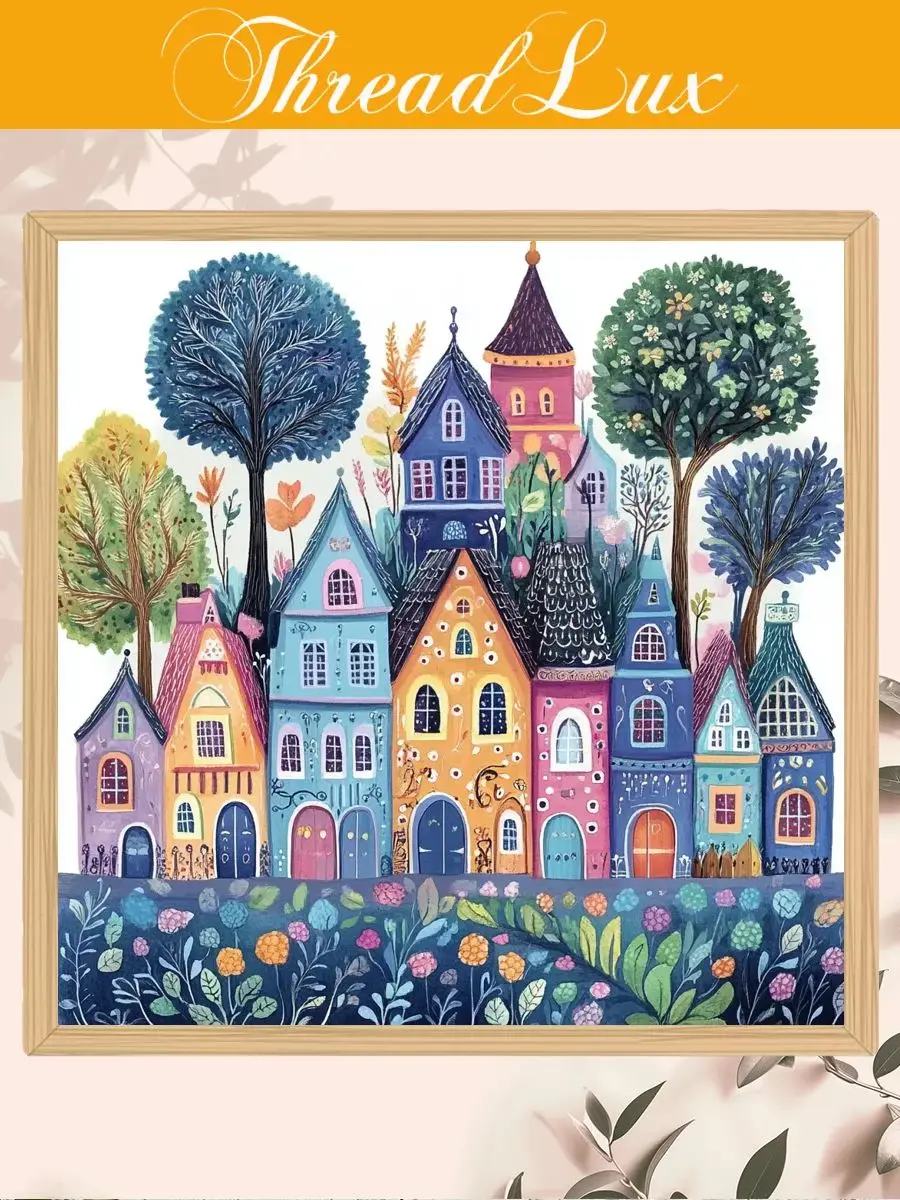 1 Stück rahmenloses 40x40cm/15,7x15,7-Zoll 11CT/14CT farbenfrohes Haus, ein entspannendes DIY-Kreuzstich-Set geeignet für Erwachsene Anfänger. – Detail 1