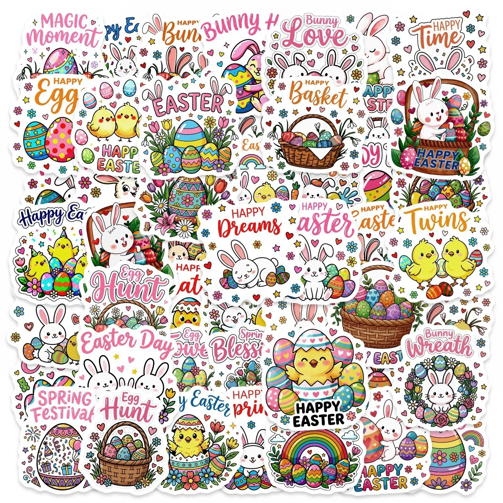 50 autocollants pour le Festival de la Résurrection, lapin mignon en aquarelle, œuf de Pâques, autocollant pour ordinateur portable, imperméable, en PP