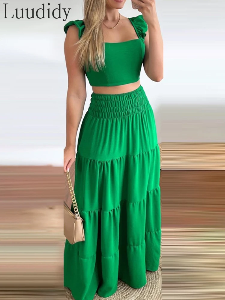 

Two Pieces Sets for Women Tied Detail Ruffle Hem Crop Top and Shirred Maxi Skirt Set