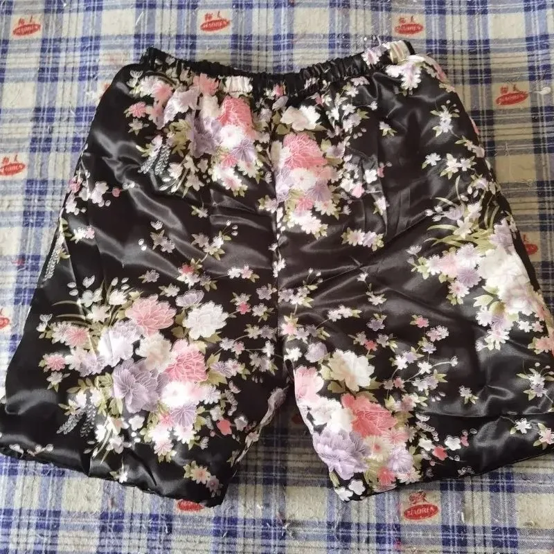 

Length 50cm Glossy Floral Print Ice Silk Satin Shorts Cotton Blended Thick Warm Lingerie Plus Size Sexy High Waist Underwear