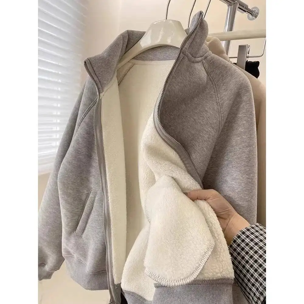 

Thickened Stand Collar Zipper Hoodie Women's Autumn Winter New Style Fleece Loose Versatile Small Size Open Cardigan Trendy O...