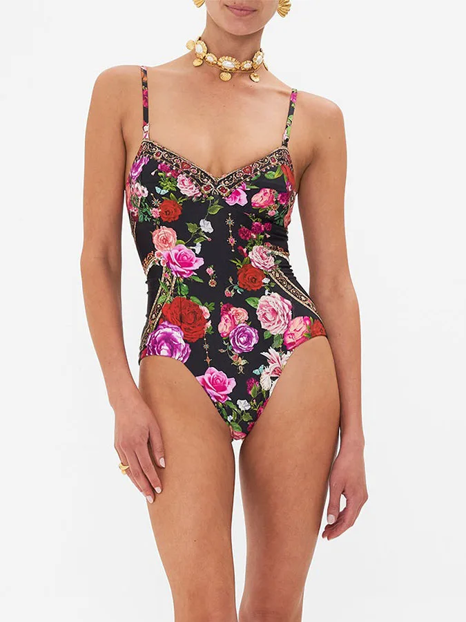 Fashion Colourful Floral Print Vintage Women's One Piece Bikini Swimsuit With Long Cover Up Tight Sexy 2024 Seaside Holiday