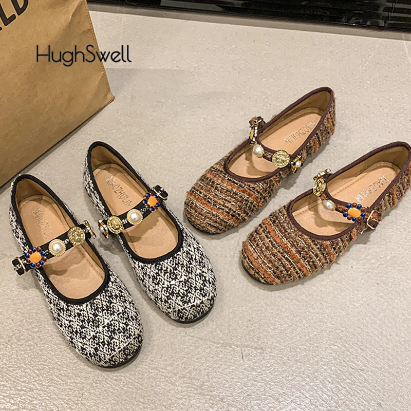 

Ethnic Tweed Knitted Ballet Flats Woman Individual Beads Buckle Ballerina Shoes Ladies Jacquard Design Fluffy Mary Jane Zapatos