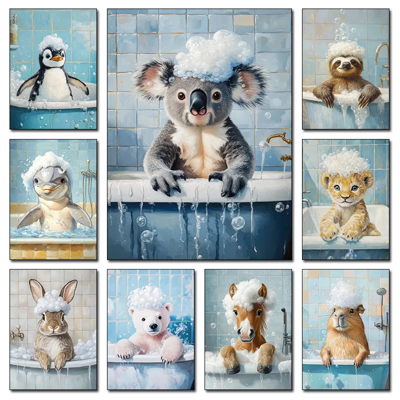 

Funny Bathroom Animals Rabbit Polar Bear Capybara Penguin Bathtub Art Poster Diamond Paintings Wall Art Pictures Home Decorati