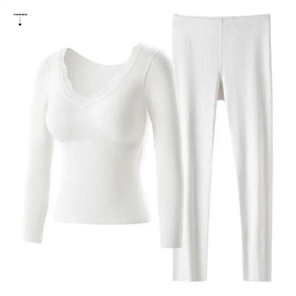 

Женское термобелье с нагрудником, кружевное однотонное теплое длинное топ и брюки, комплект мягкого удобного утягивающего нижнего белья