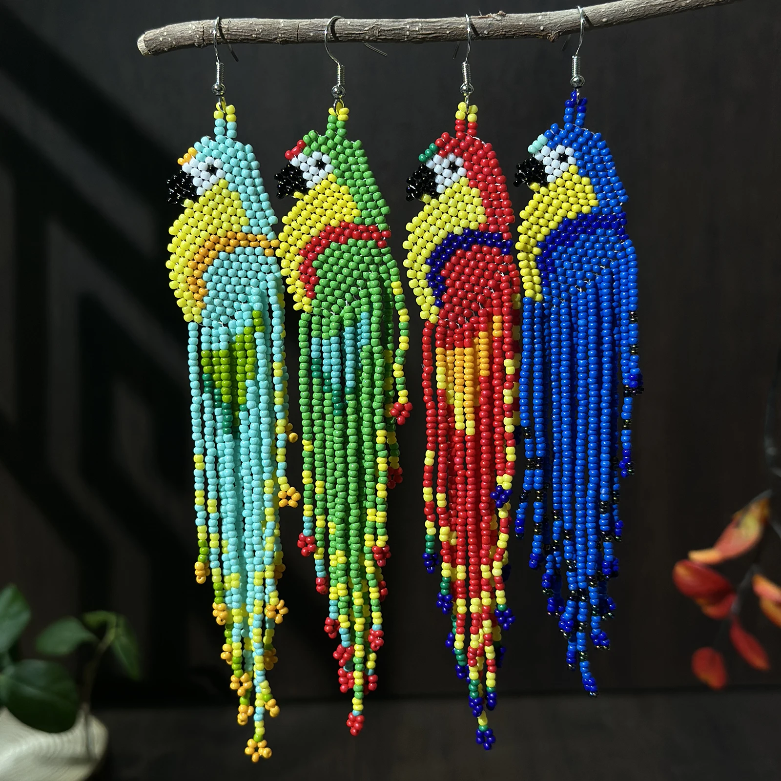 Beaded glass earrings, bohemian-style macaw-patterned tassel earrings, seed-beaded girl earrings, women jewelry official-website