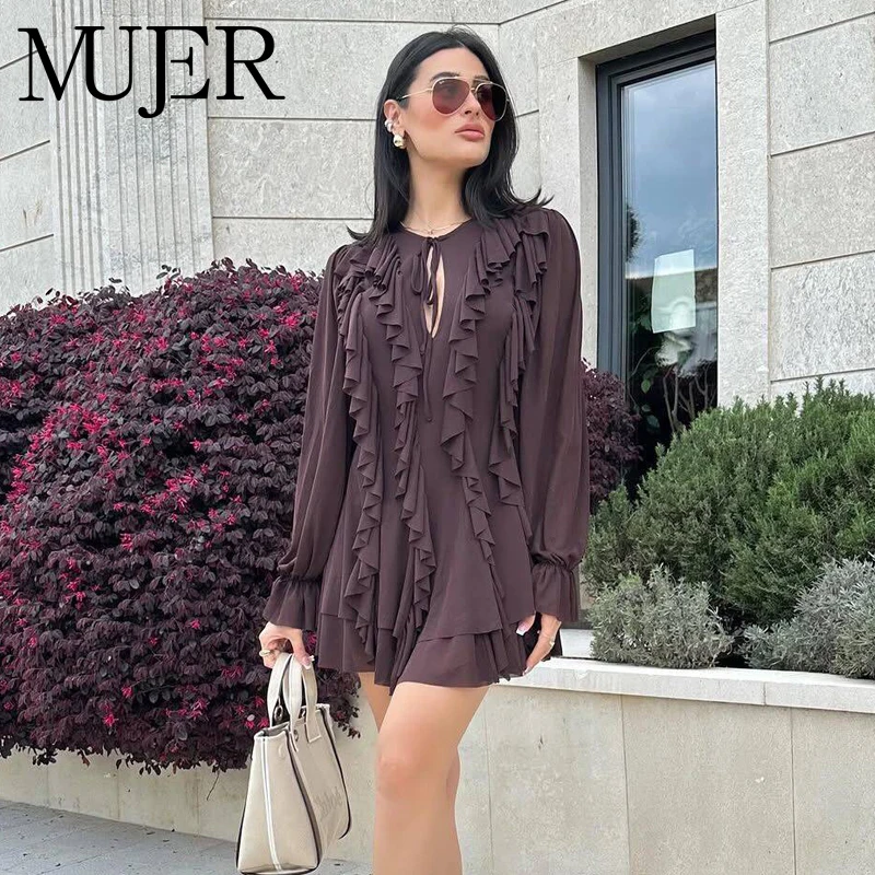 MUJER Mini abito plissettato con volant Donna Abiti da festa in tulle per donna Abiti corti semi trasparenti da donna Abito estivo da fata Donna 2025