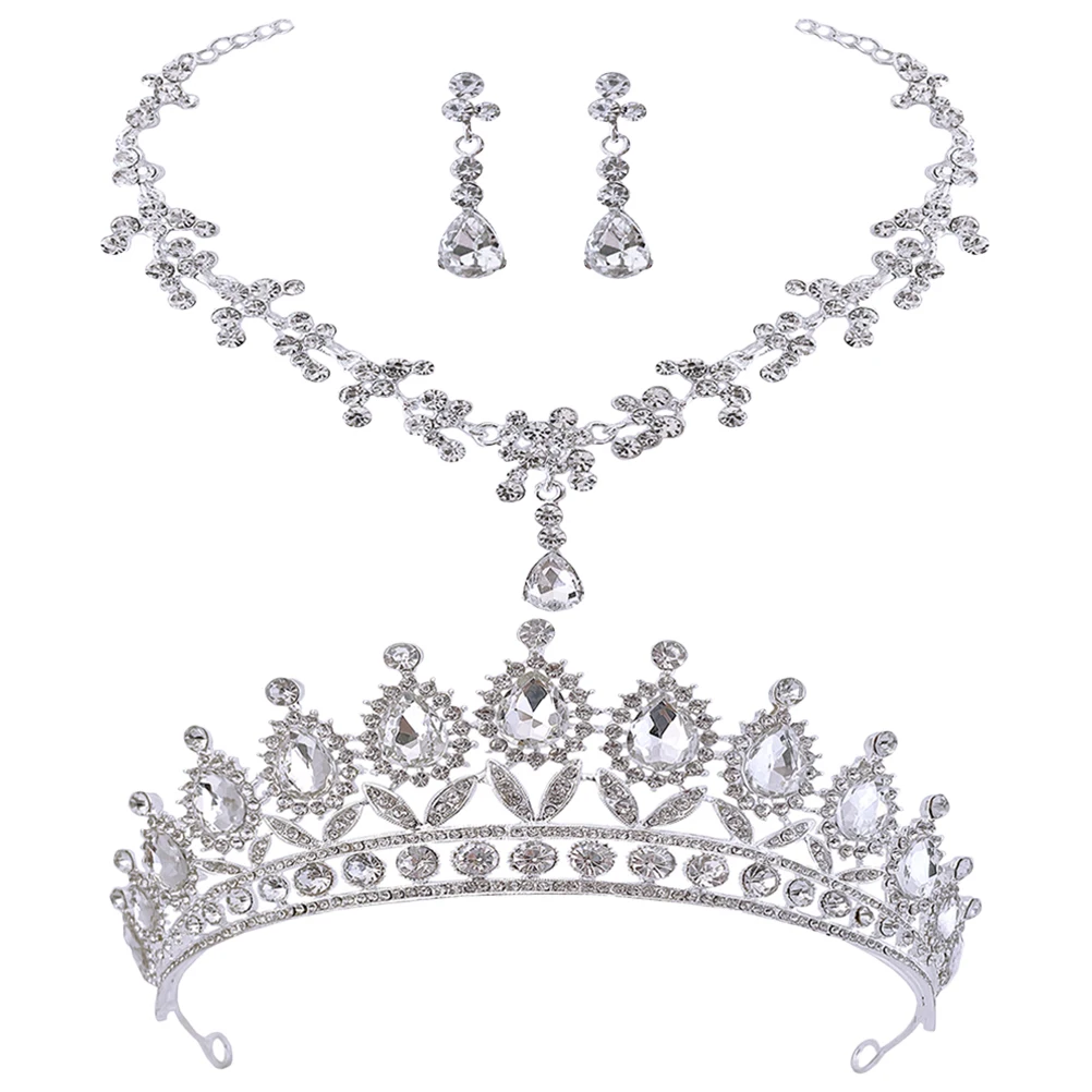 

Crown Necklace Earrings Set Bridal Crowns Rhinestone Jewelry Wedding Party Banquet Photoshoot Tiaras for Women