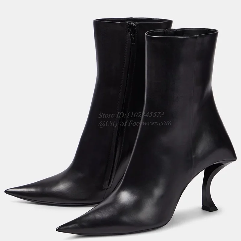 2024 New in Black Leather Ankle Boots Strange Style Sexy Pointy Toe High Heels Zipper Booties Luxury Designer Women\'s Shoes