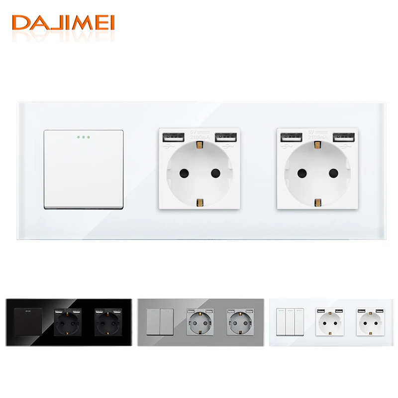 DAJIMEI Button Switches and Dual USB Sockets EU RU Standard USB Electrical Double Socket with 1/2/3gang 1/2way Light Switches