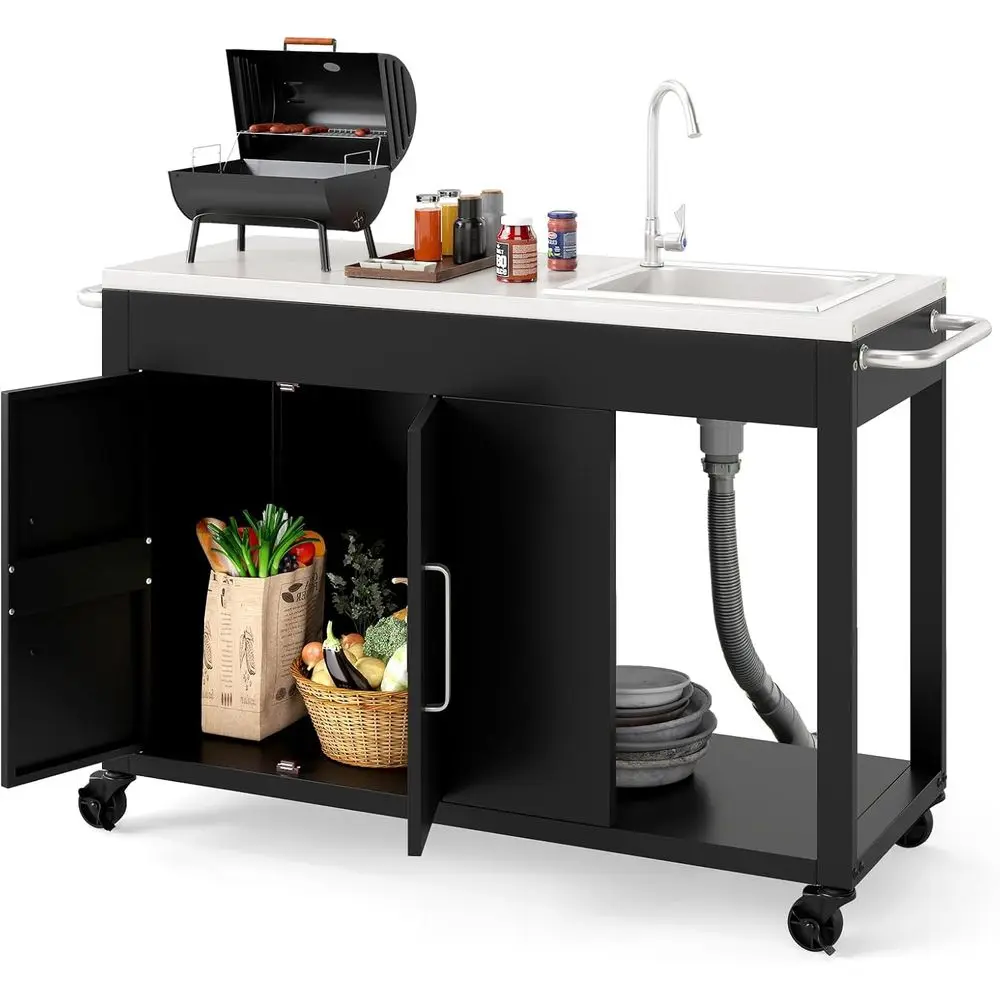 Outdoor Heavy-Duty Metal Grill Table with Sink, Storage, and Wheels for Patio and Backyard