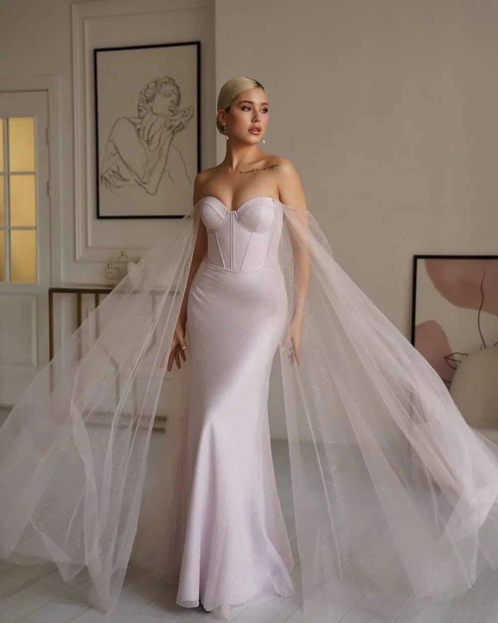 

Customized Intricate Matching Tulle Pleat Sequined Mermaid Off-the-shoulder Long Dresses Evening Dresses Sizes Available Retro