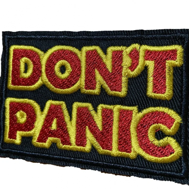 Black Background Red Yellow Letters DONT PANIC Embroidered Iron on Patches for Clothes Embroidery Appliques Sewing DIY ACCESSORY