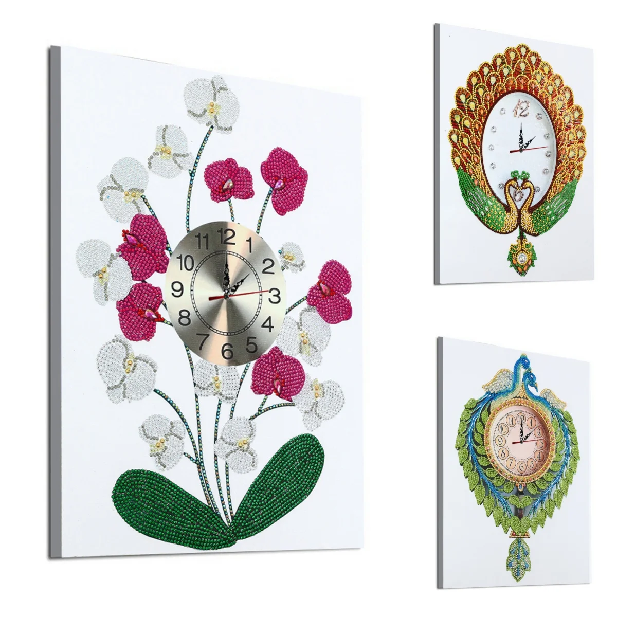 

1 комплект часов с алмазной росписью «сделай сам» в виде павлина/цвета, безрамный материал на холсте и спортивные настенные украшения, алмазные художественные часы